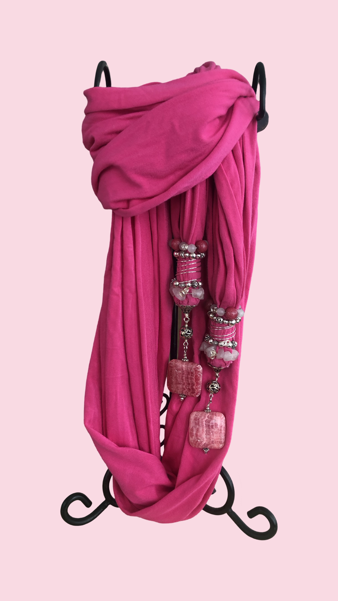 Pink Bamboo knit scarf with beautiful Rhodochrosite and Rose Quartz