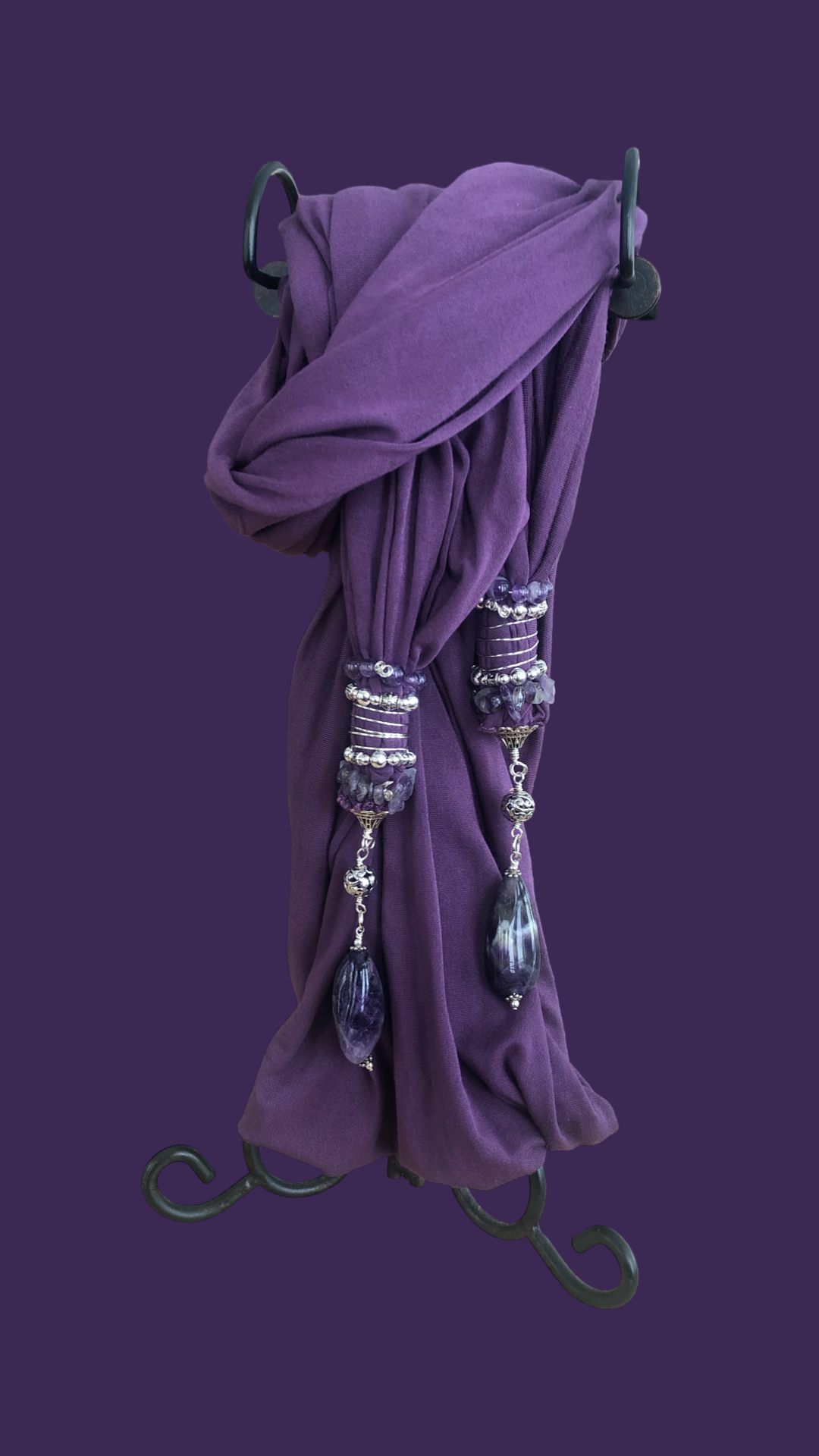 Purple Bamboo Knit Scarf with Amethyst Quartz