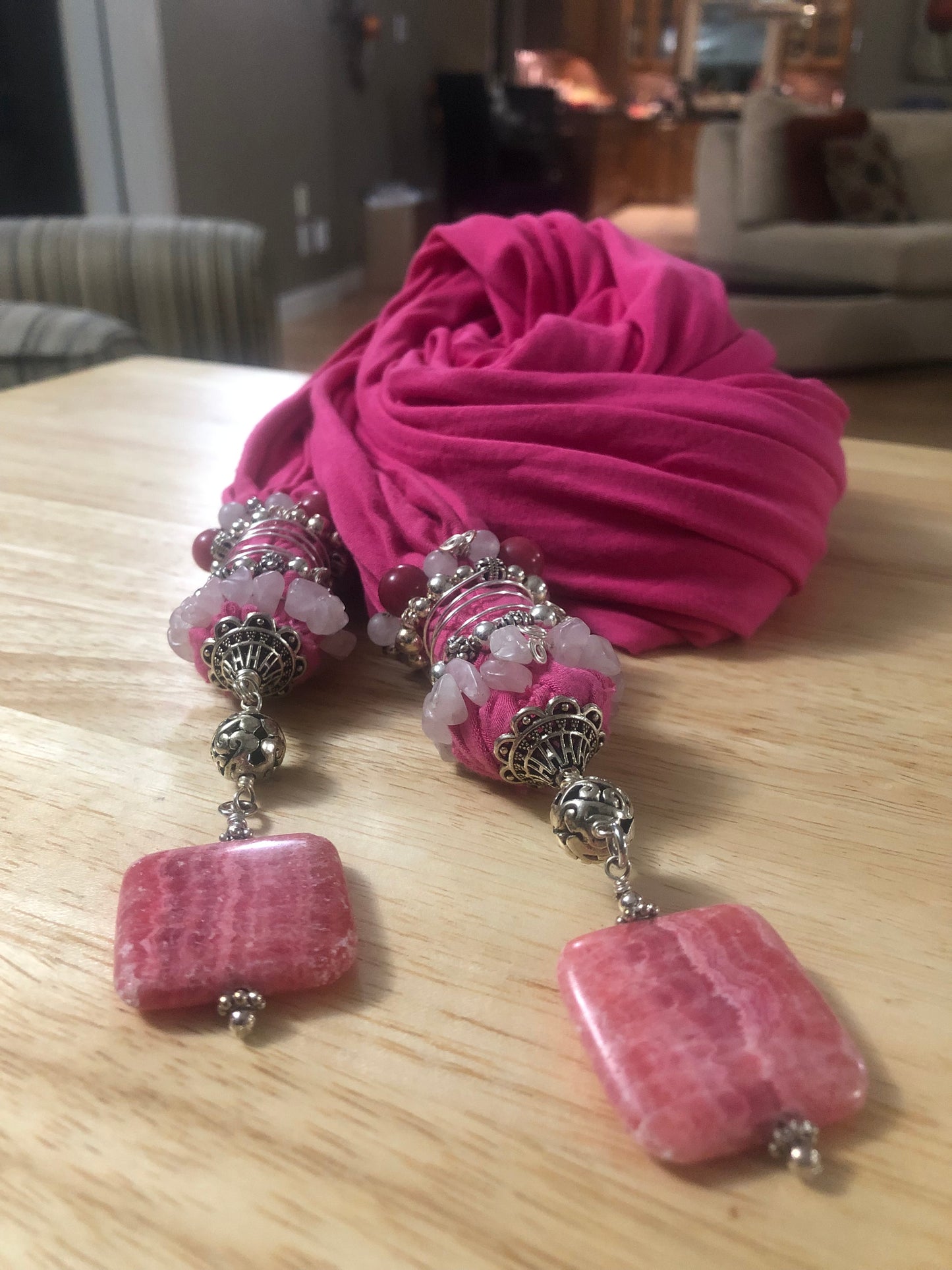 Pink Bamboo knit scarf with beautiful Rhodochrosite and Rose Quartz