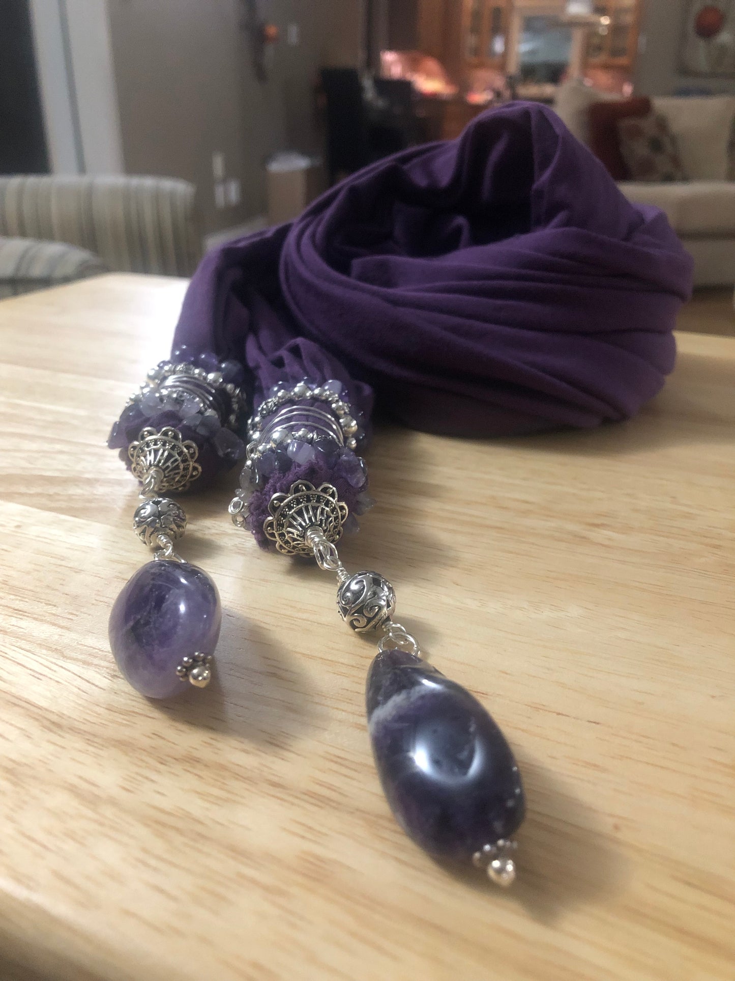 Purple Bamboo Knit Scarf with Amethyst Quartz