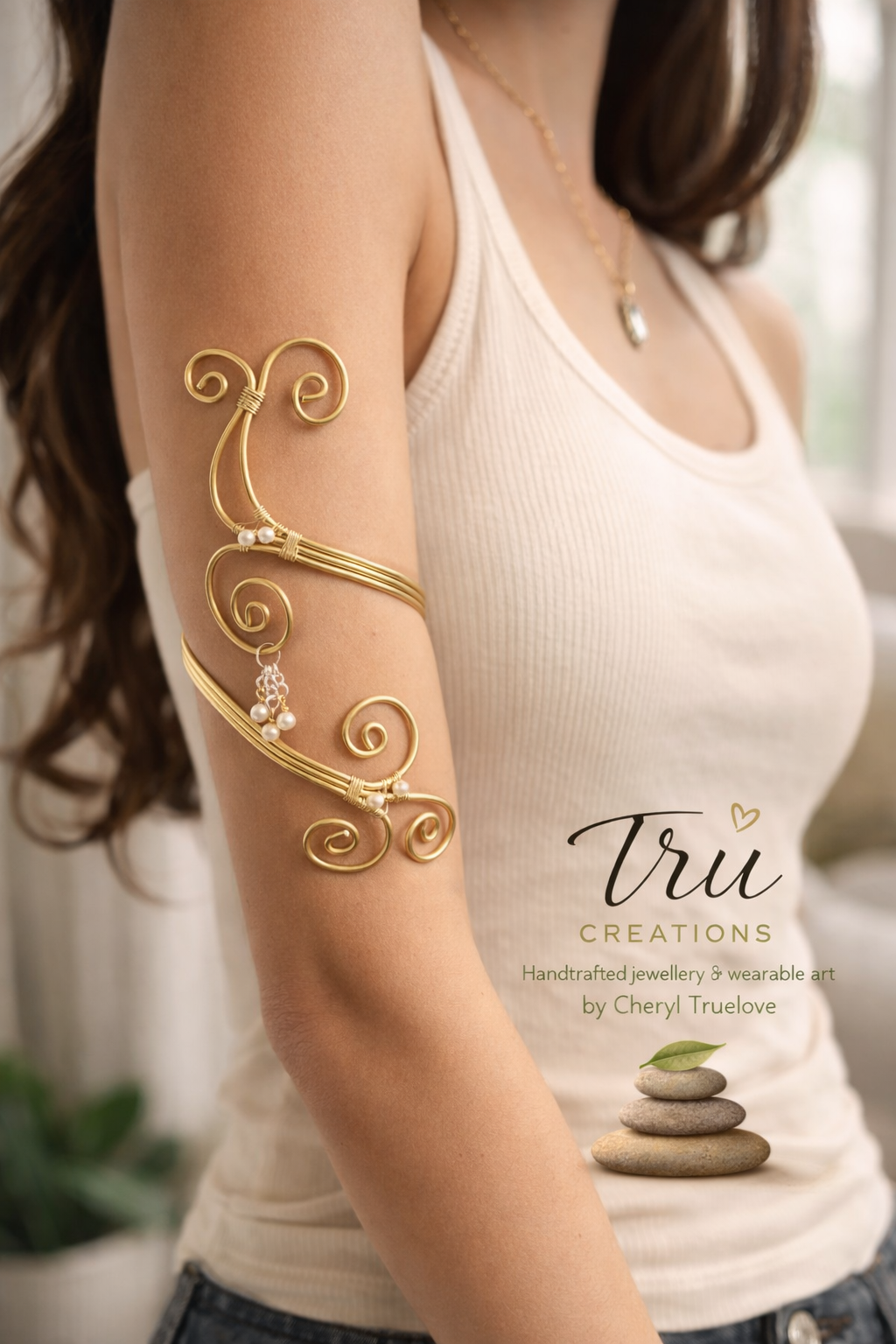 Gold Sculpted Aluminum Arm Cuff with Pearl Charm