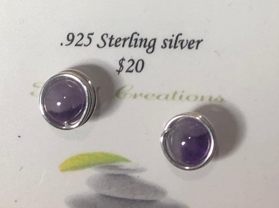 Wire-Wrapped Sterling Silver Gemstone Stud Earrings