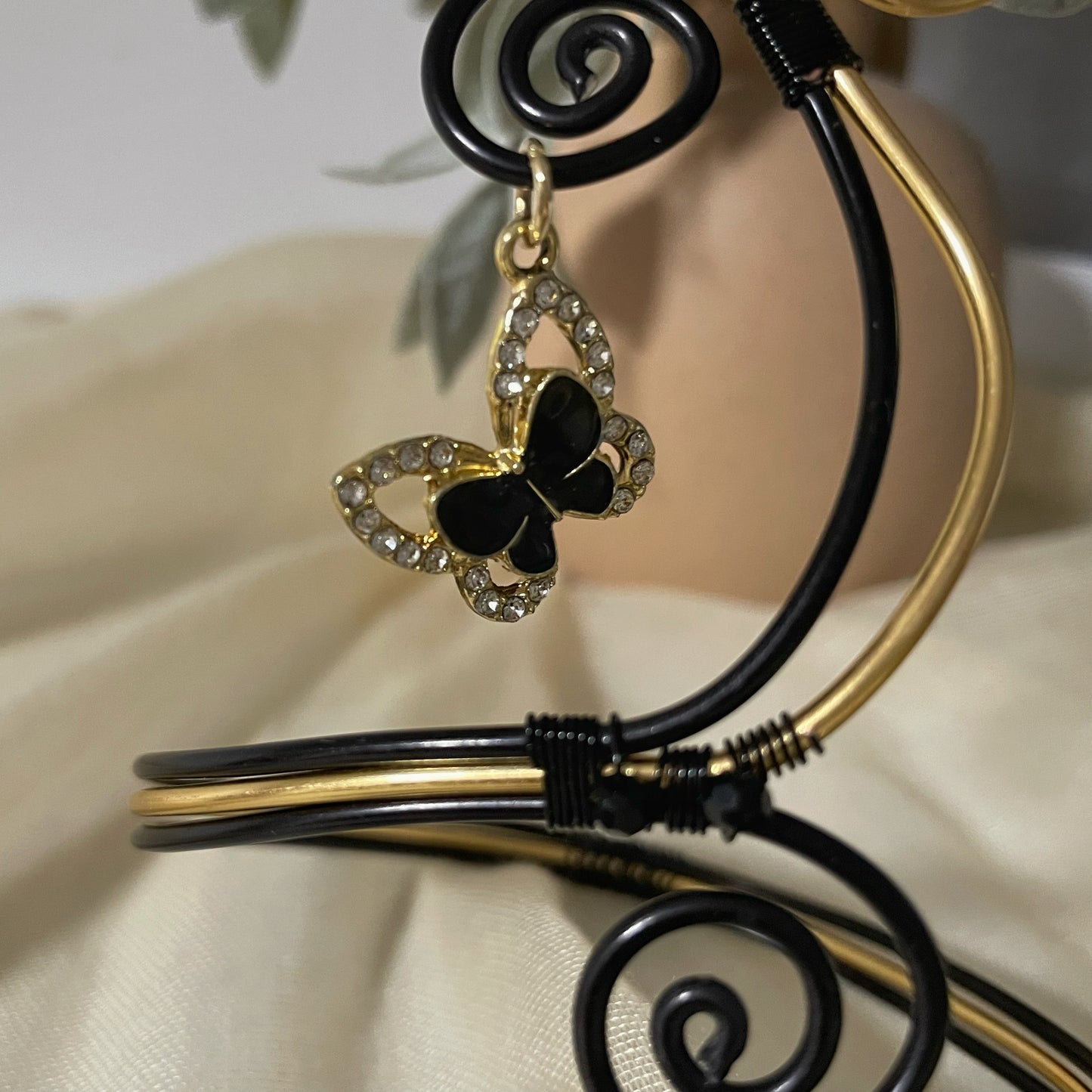 Black & Gold Sculpted Aluminum Arm Cuff with Butterfly Charm