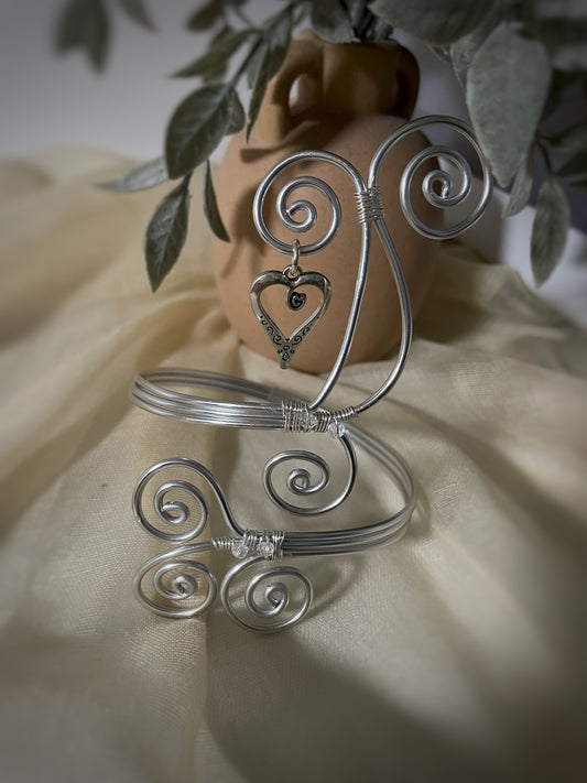 Silver Sculpted Aluminum Arm Cuff with Heart Charm
