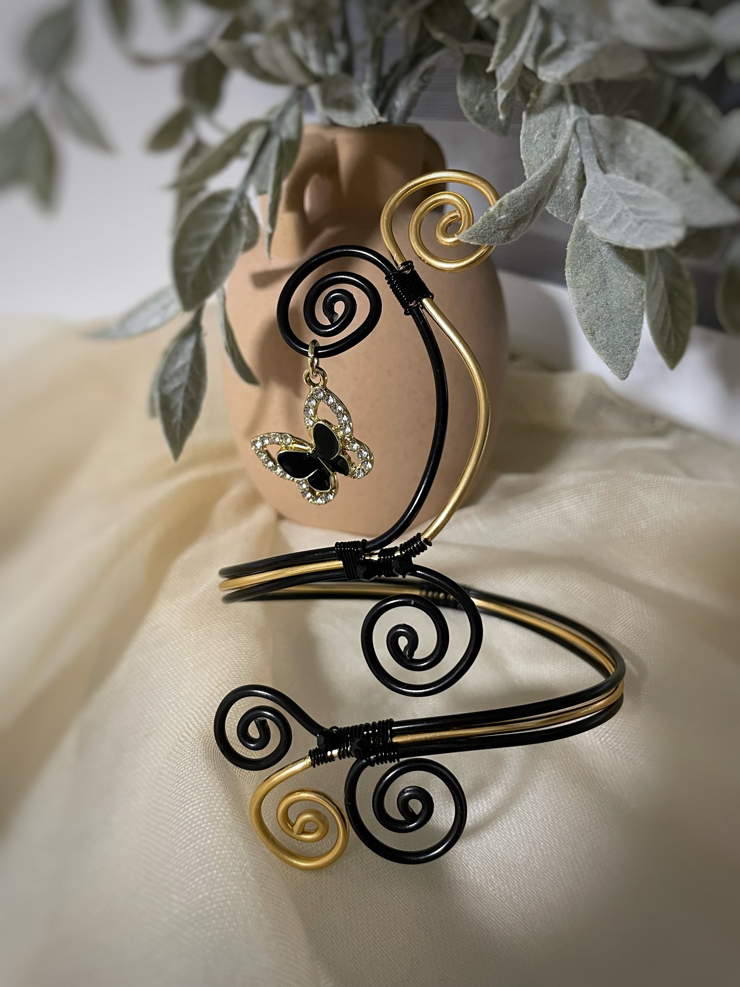 Black & Gold Sculpted Aluminum Arm Cuff with Butterfly Charm