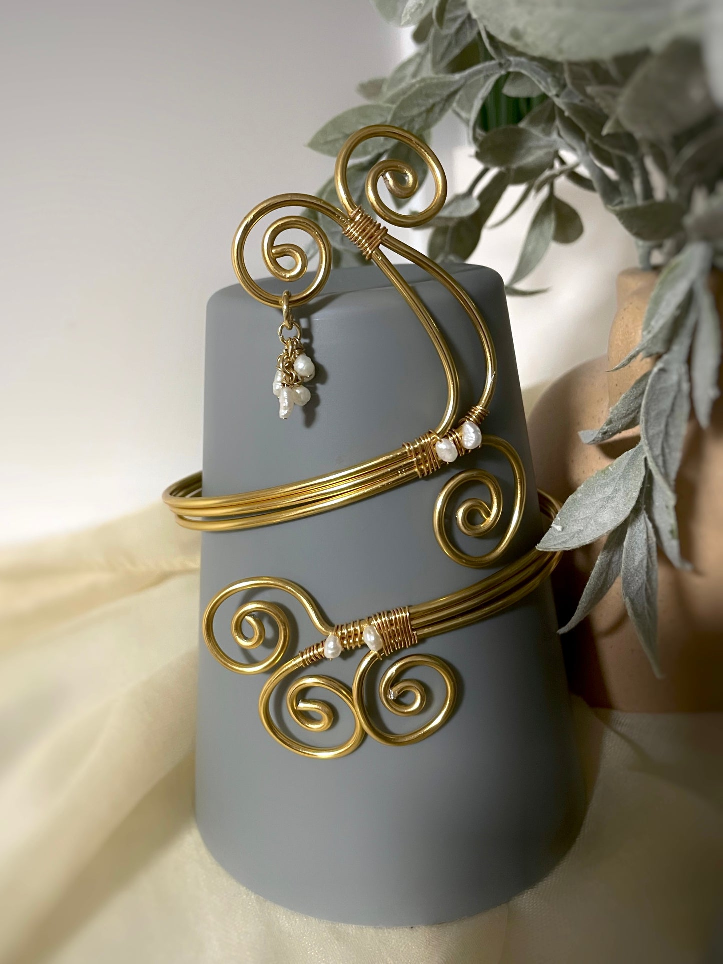 Gold Sculpted Aluminum Arm Cuff with Pearl Charm