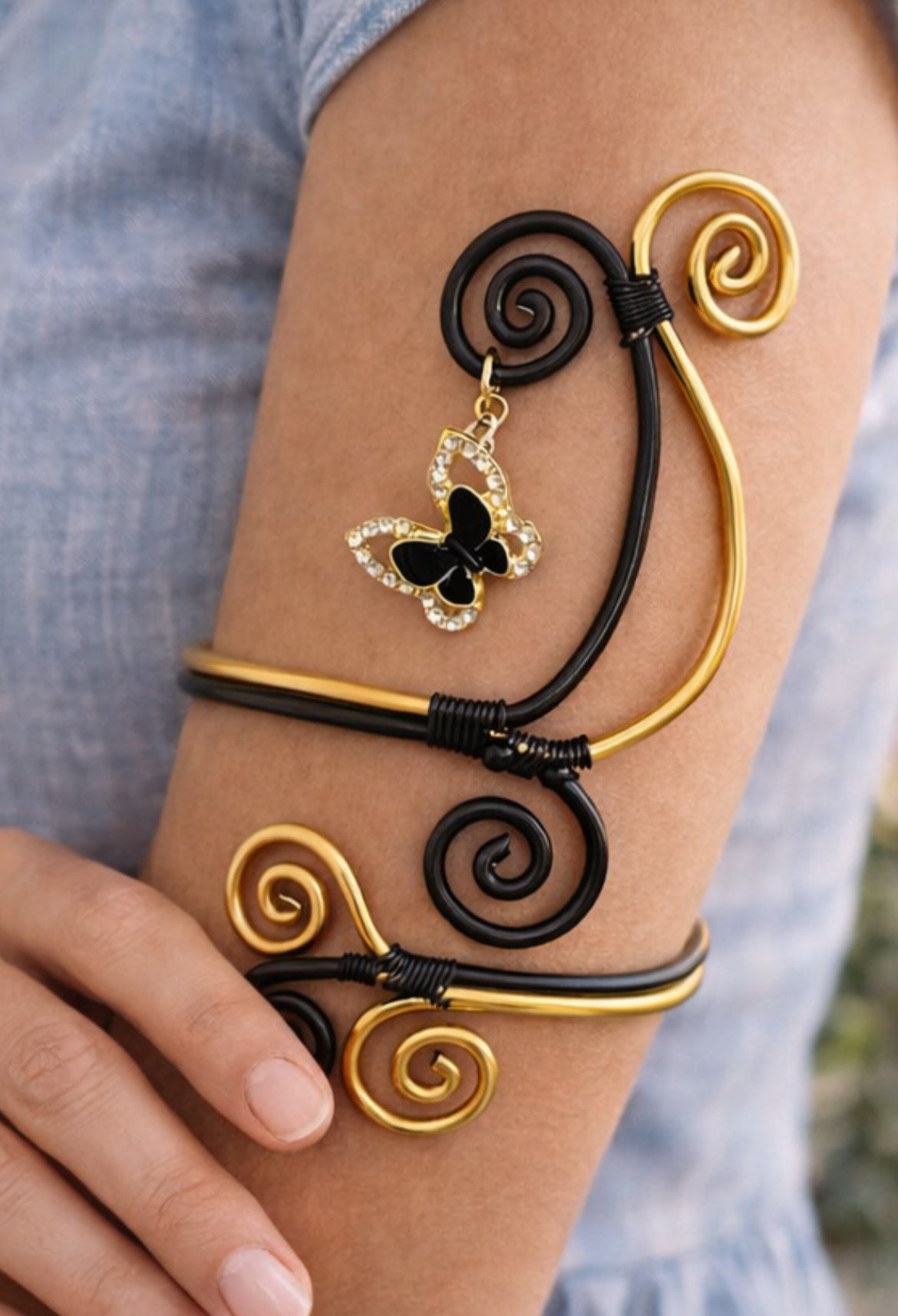 Black & Gold Sculpted Aluminum Arm Cuff with Butterfly Charm