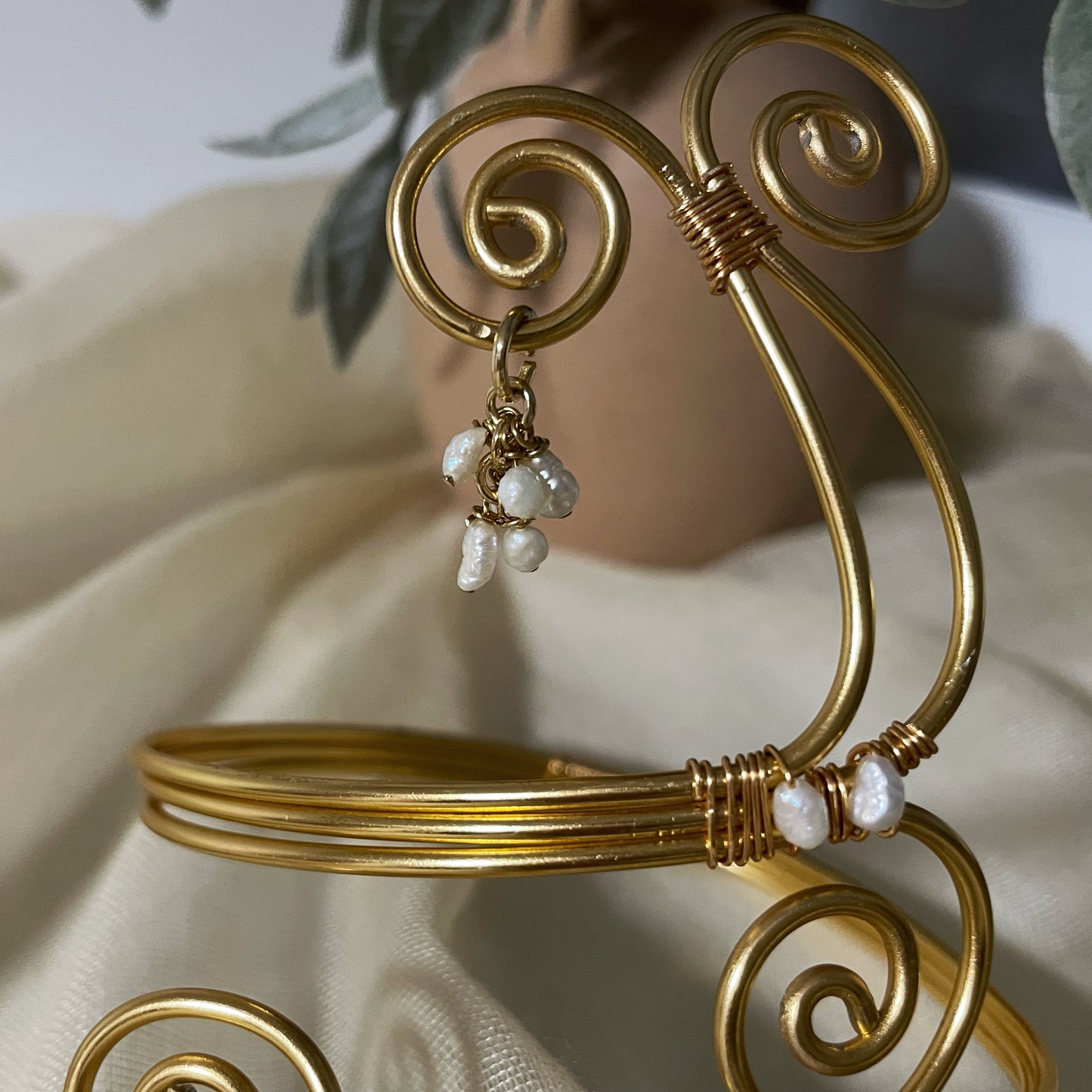 Gold Sculpted Aluminum Arm Cuff with Pearl Charm