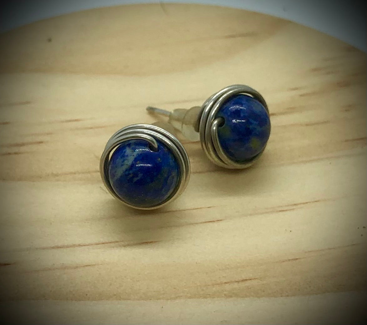 Wire-Wrapped Sterling Silver Gemstone Stud Earrings