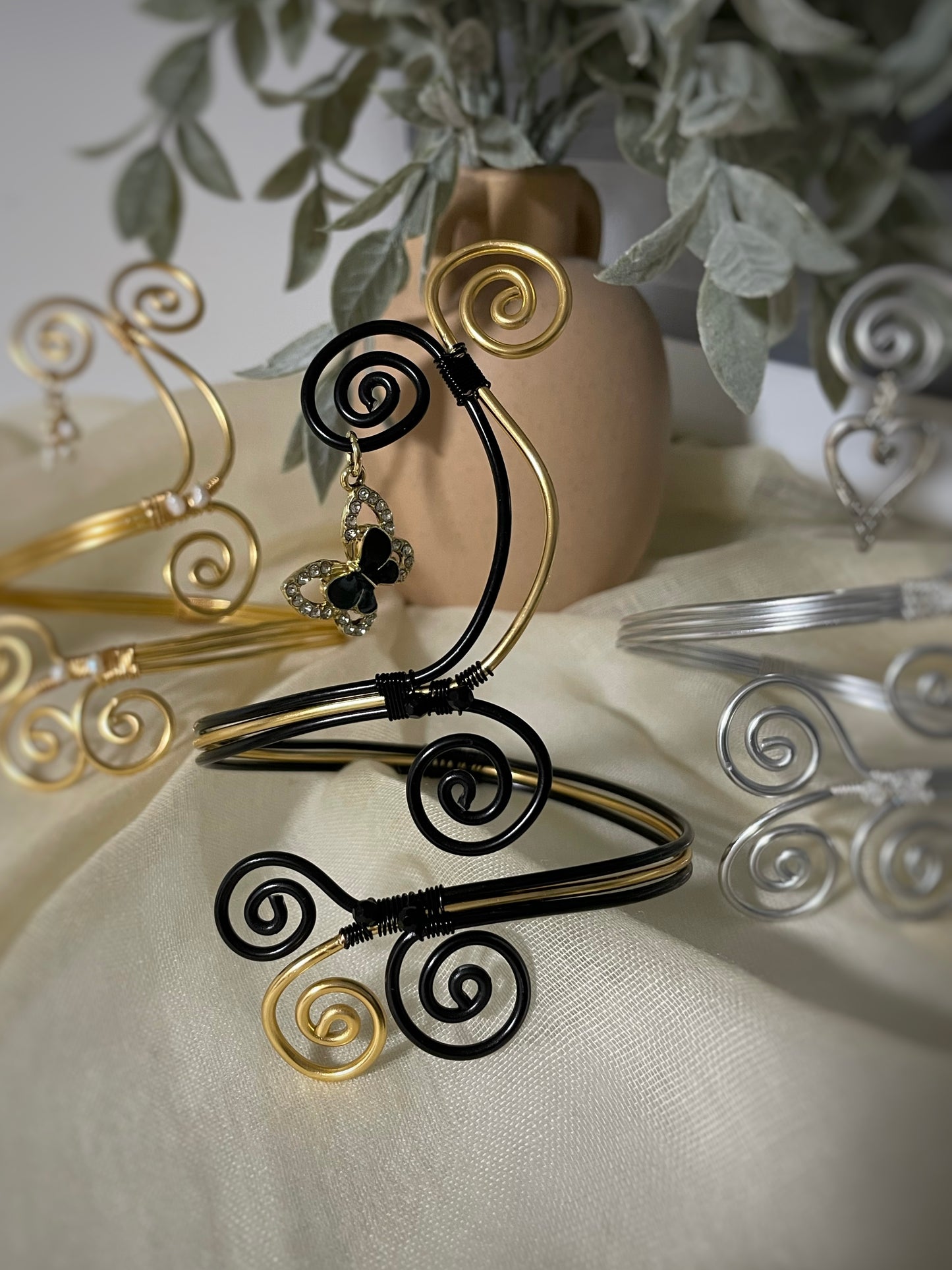 Black & Gold Sculpted Aluminum Arm Cuff with Butterfly Charm