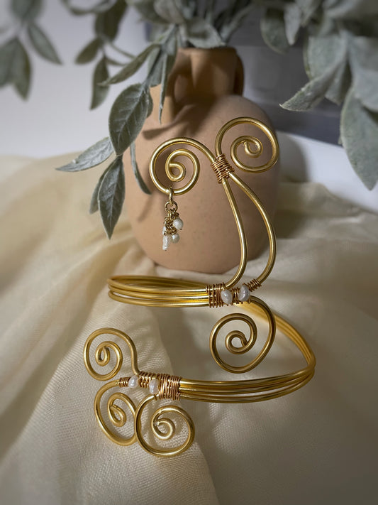 Gold Sculpted Aluminum Arm Cuff with Pearl Charm